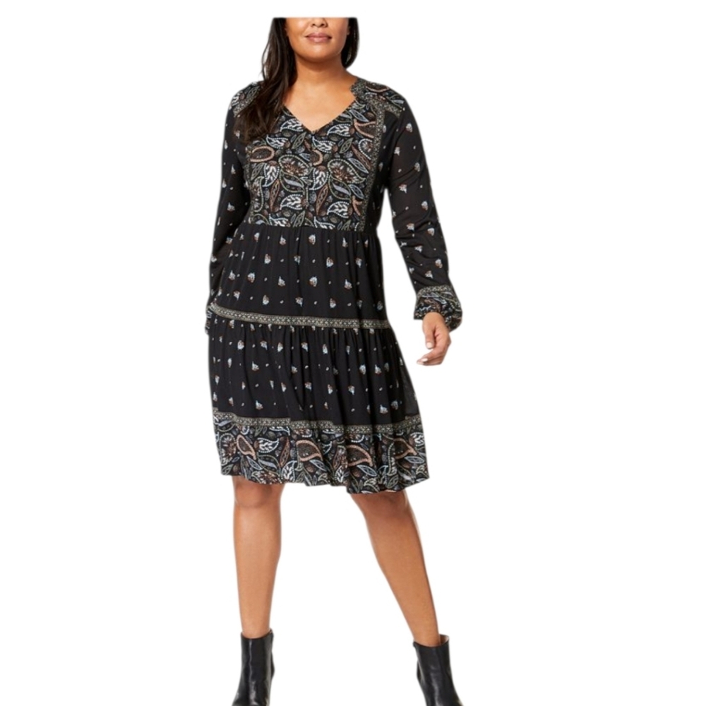 Style & Co Black Paisley Tiered Dress Flowy Lined Peasant Boho‎ Small